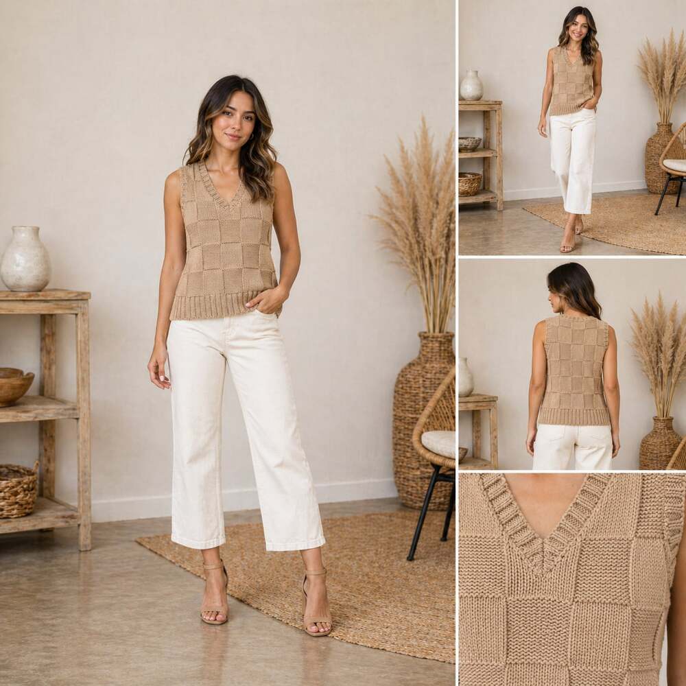 Böhme Tan Checkered Knit Sweater Vest V-Neck Cozy XS